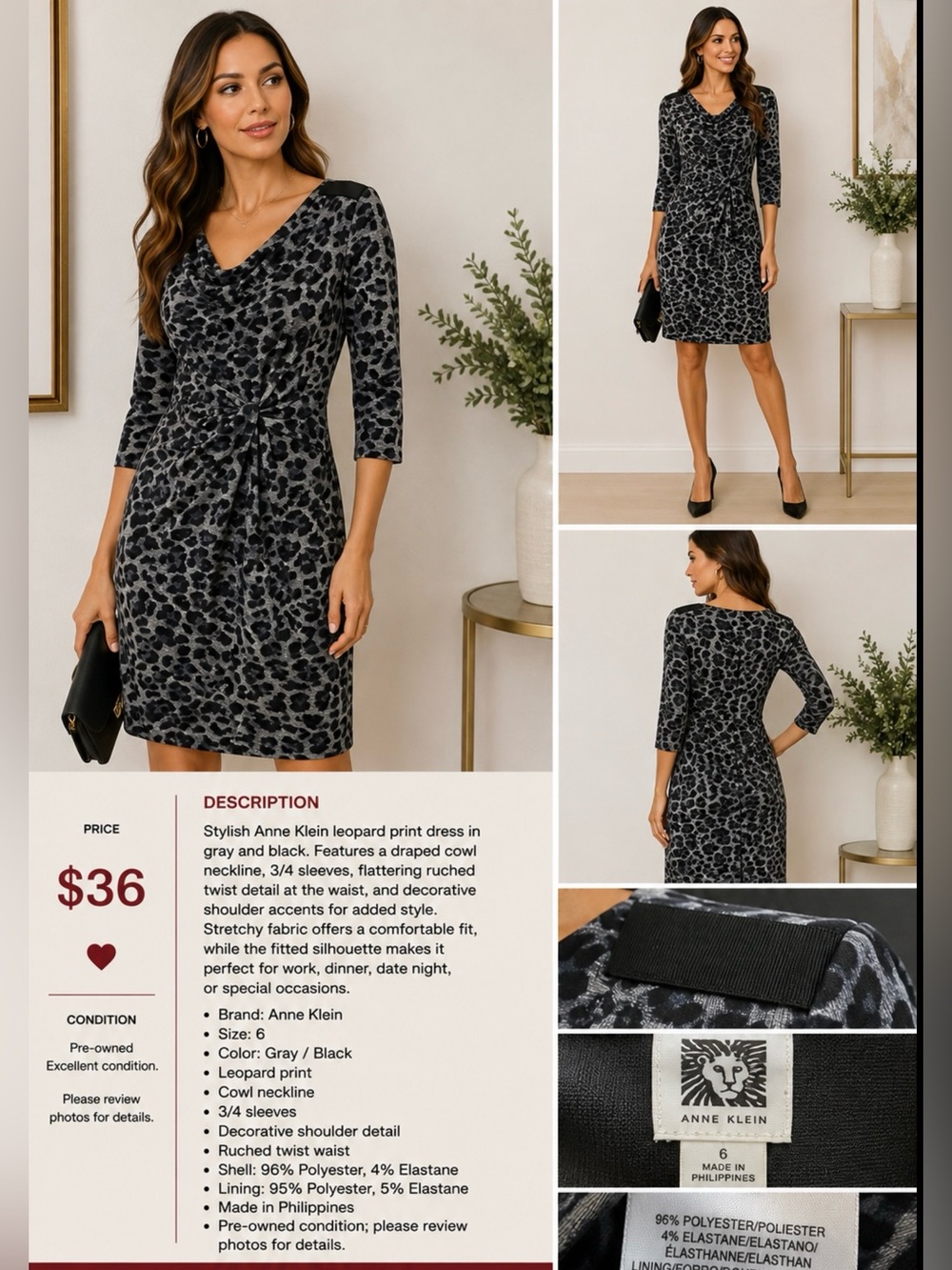 Anne Klein Leopard Print Cowl Neck Ruched Dress Shoulder Detail Size 6